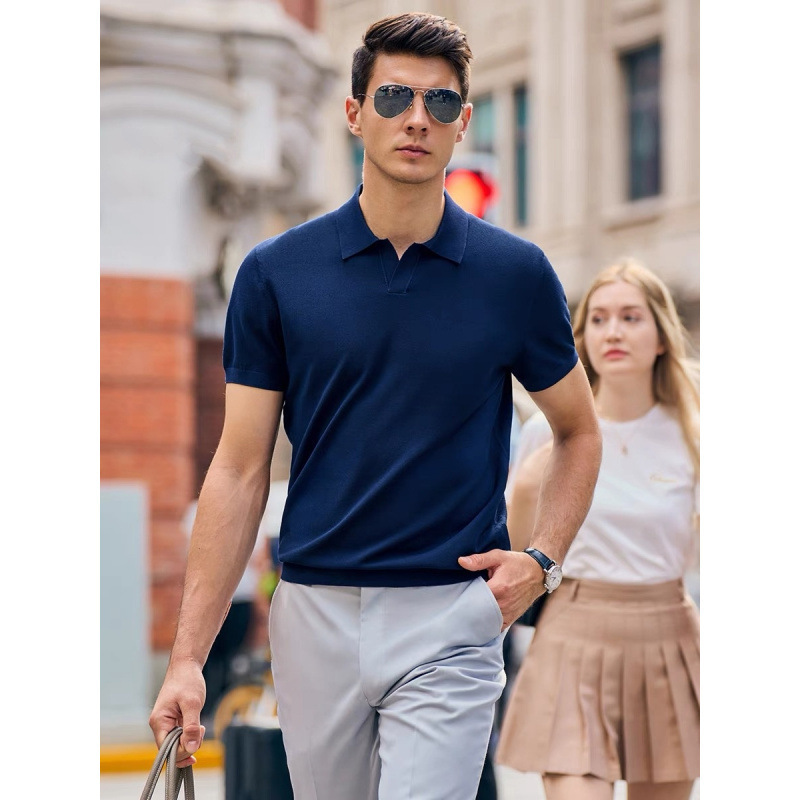 Polo de negocios de solapa suave y cerosa delicada y fresca para hombre, manga corta de punto de verano para hombre, cuello de gaviota para hombre, comercio exterior transfronterizo al por mayor