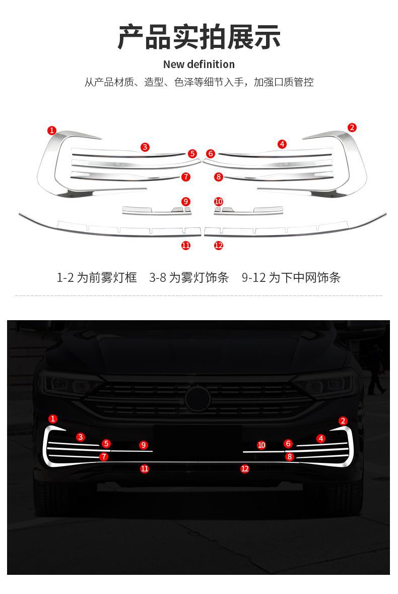 Suitable for Volkswagen Sagitar Front Fog Light Bully Tooth Frame Front Bumper Center Grille Bright Strip Modification Area Front Face Decorative Strip 2023