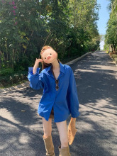 法式克莱因蓝色衬衫休闲外套女春季设计感宽松长袖上衣慵懒风衬衣