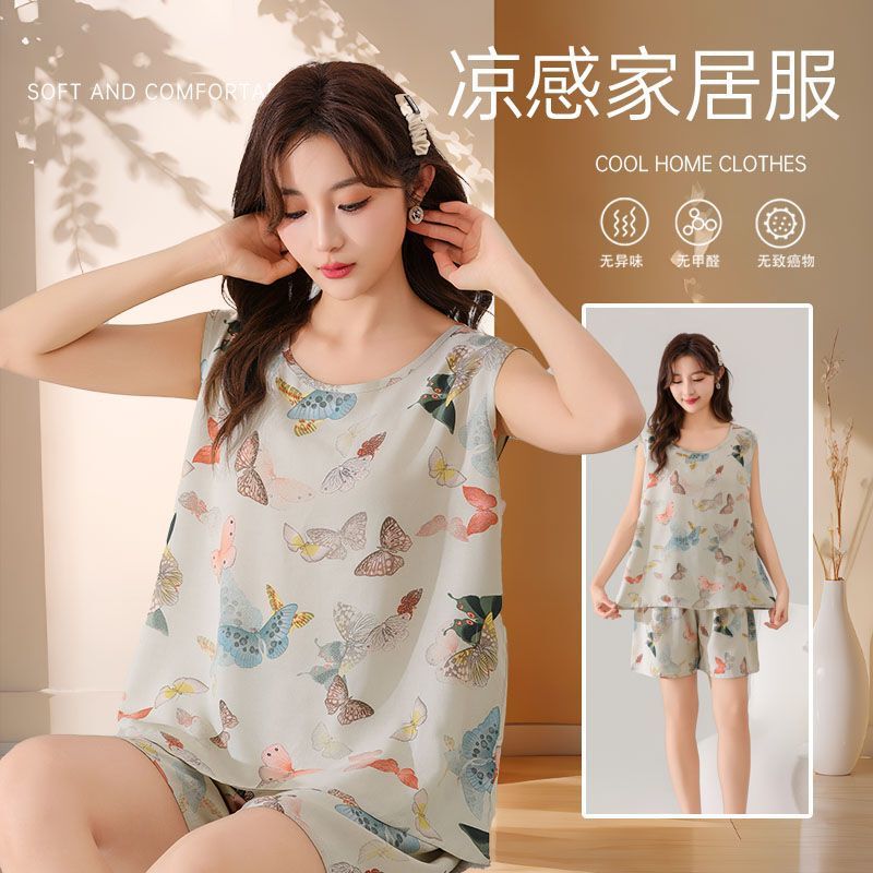 Cotton Silk Suit Thin Home Clothes Mom Pajamas Women's Summer Sleeveless Artificial Cotton Two-Piece Suit Can Be Worn Outside at Home