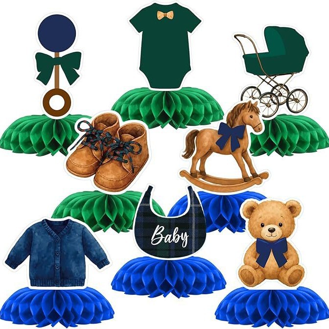 8-Piece Set of Plaid Patterned Honeycomb Decorative Inserts Suitable for Baby Gift Parties, Available in Green and Blue 8-Piece Set of Plaid Patterned Honeycomb Decorative Inserts Suitable for Baby Gift Parties, Available in Green and Blue