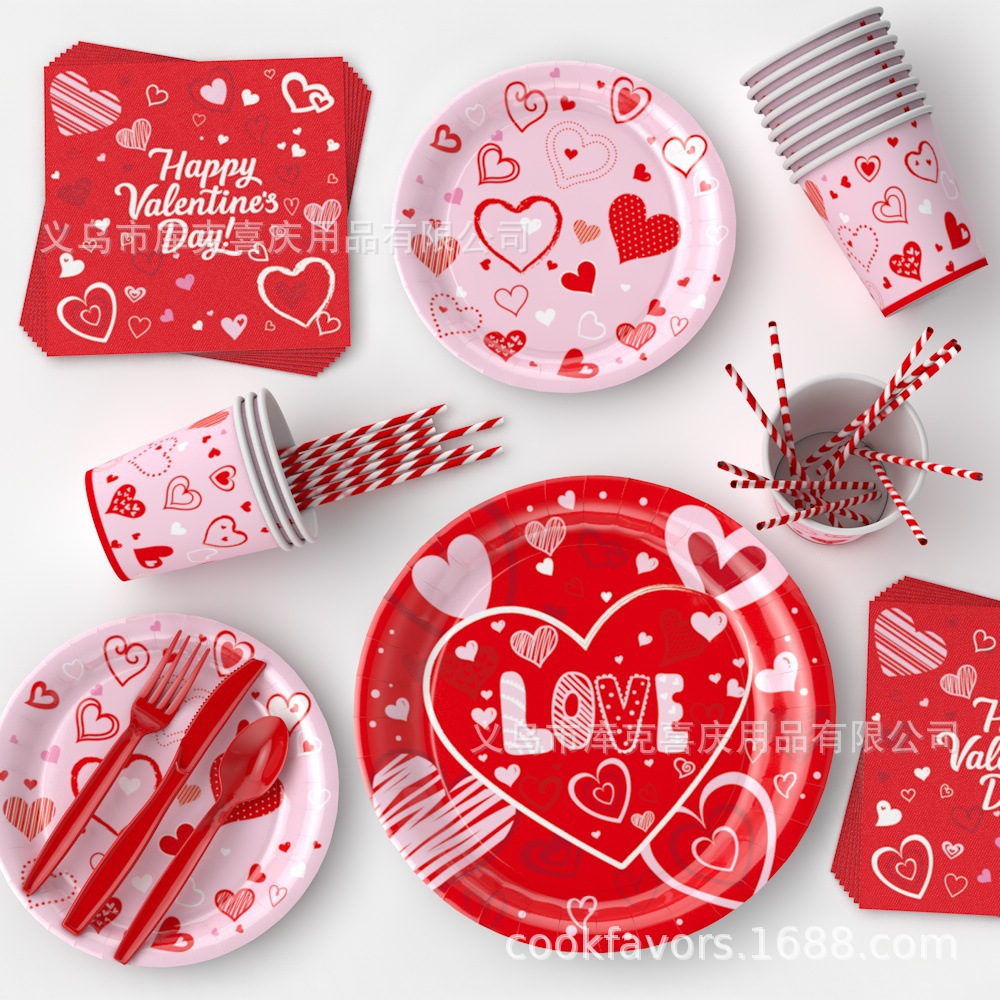 2025 Día de San Valentín decoración de la fiesta amor rojo bandeja de papel desechable taza de papel toalla set de cubiertos de fiesta