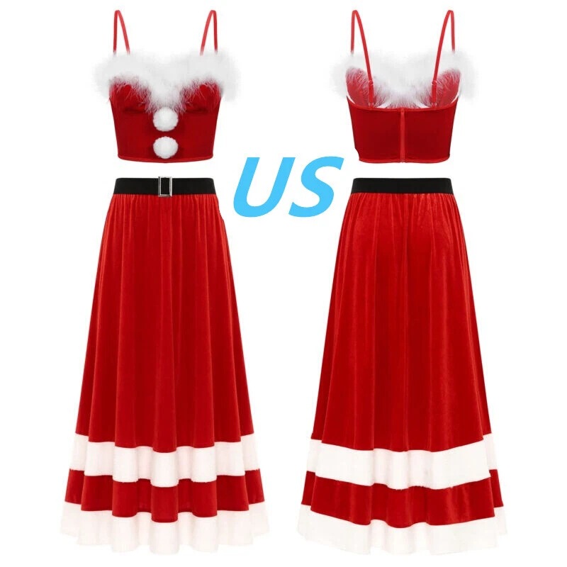 Women Christmas Xmas Party Outfits Velvet Crop Top with Long Skirt Set