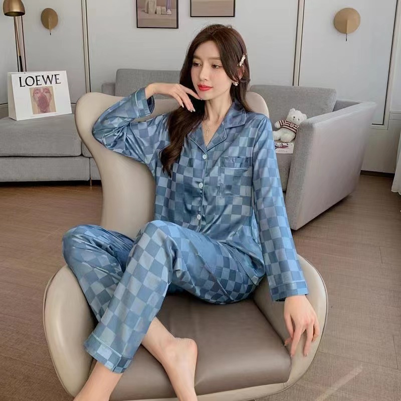 파란색 격자 무늬 더블 롱