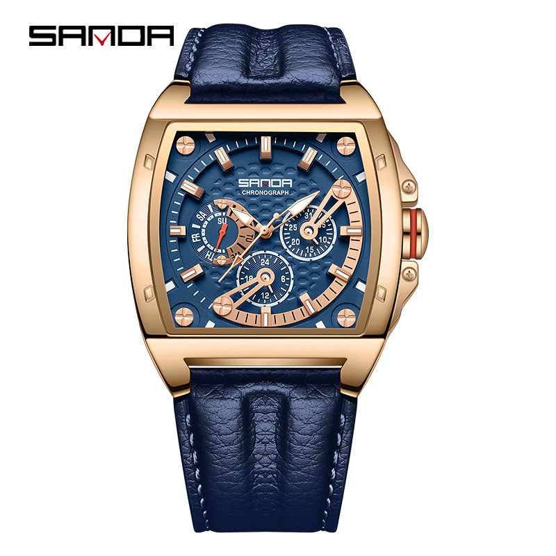SANDA hombres barril reloj de cuarzo multifunción calendario semana 24 horas Correa reloj