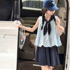 女童夏装甜美套装新款洋气无袖上衣波点中大童夏季短裙两件套