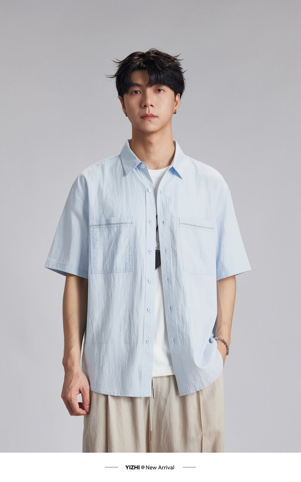Áo sơ mi nam ngắn tay mỏng nhẹ cổ bẻ phong cách casual — màu xanh nhạt chi tiết 7