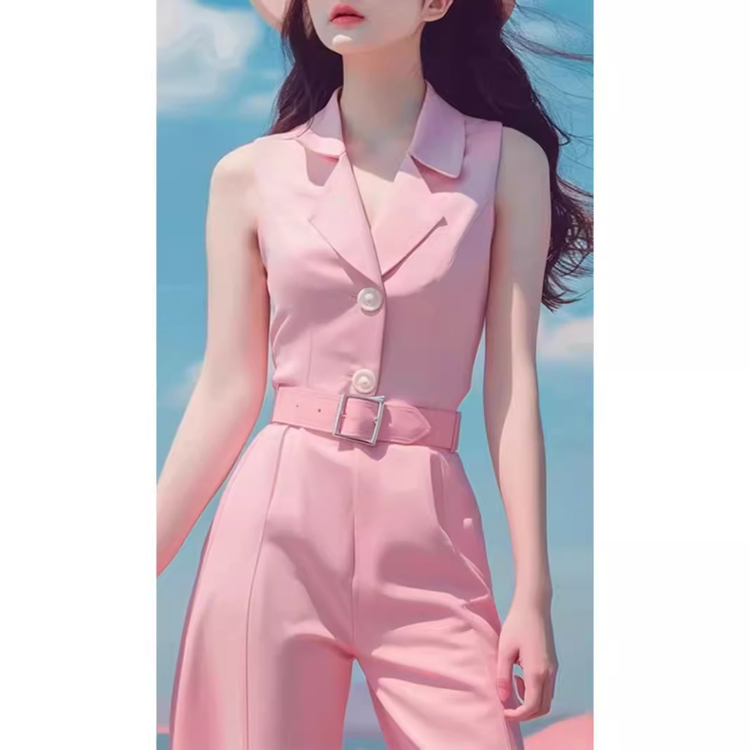 Bộ jumpsuit nữ dài tay màu hồng phong cách dopamine mùa hè cao cấp — Màu hồng