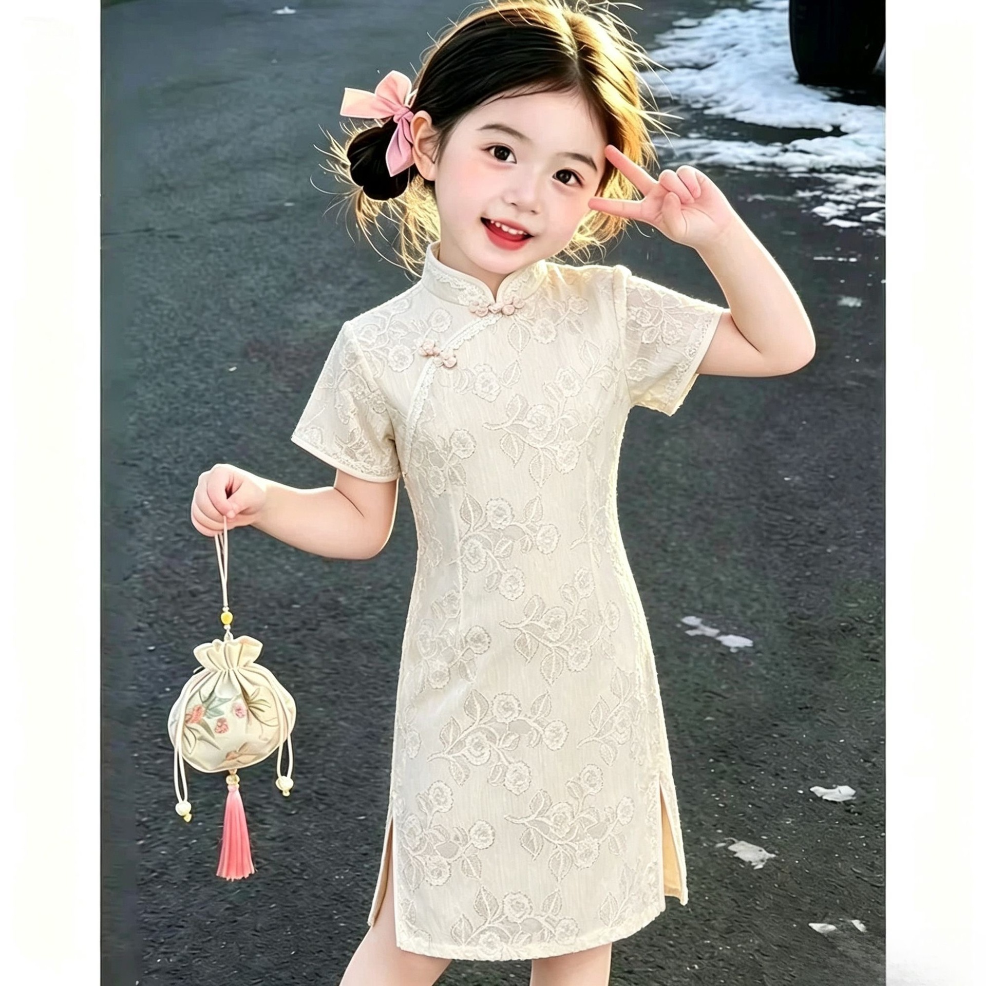 In-stock girls' cheongsam dress, children's new Chinese-style national-style dress with a wealthy heiress vibe, kids' guzheng performance outfit for summer