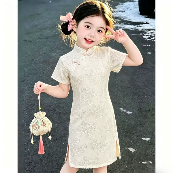 In-stock girls' cheongsam dress, children's new Chinese-style national-style dress with a wealthy heiress vibe, kids' guzheng performance outfit for summer