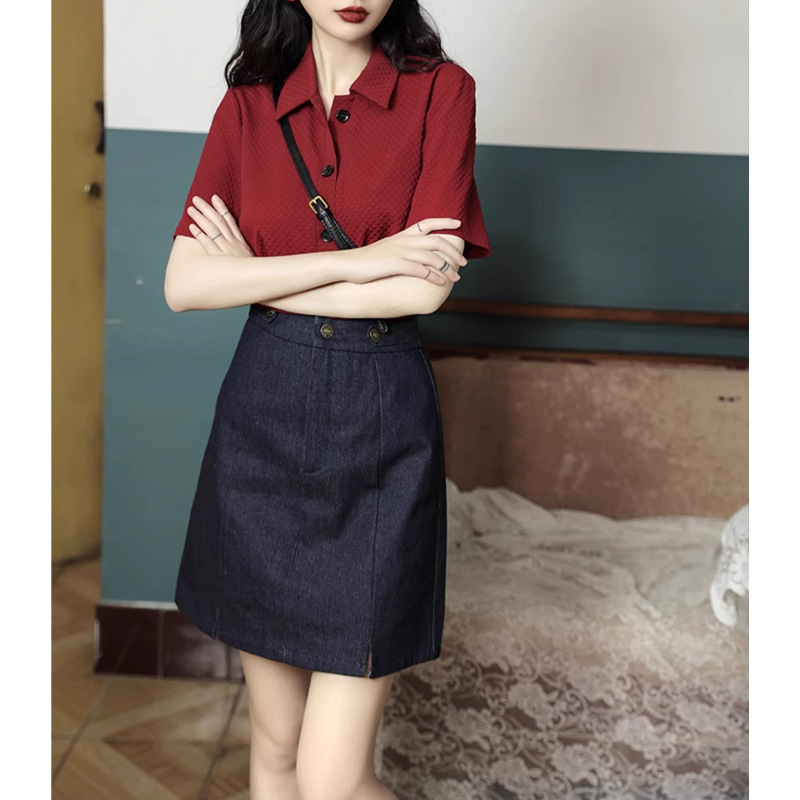Áo thun nữ cổ POLO phong cách Hồng Kông, form rộng ống đứng, tay ngắn mùa hè — Đỏ anh đào chi tiết 6
