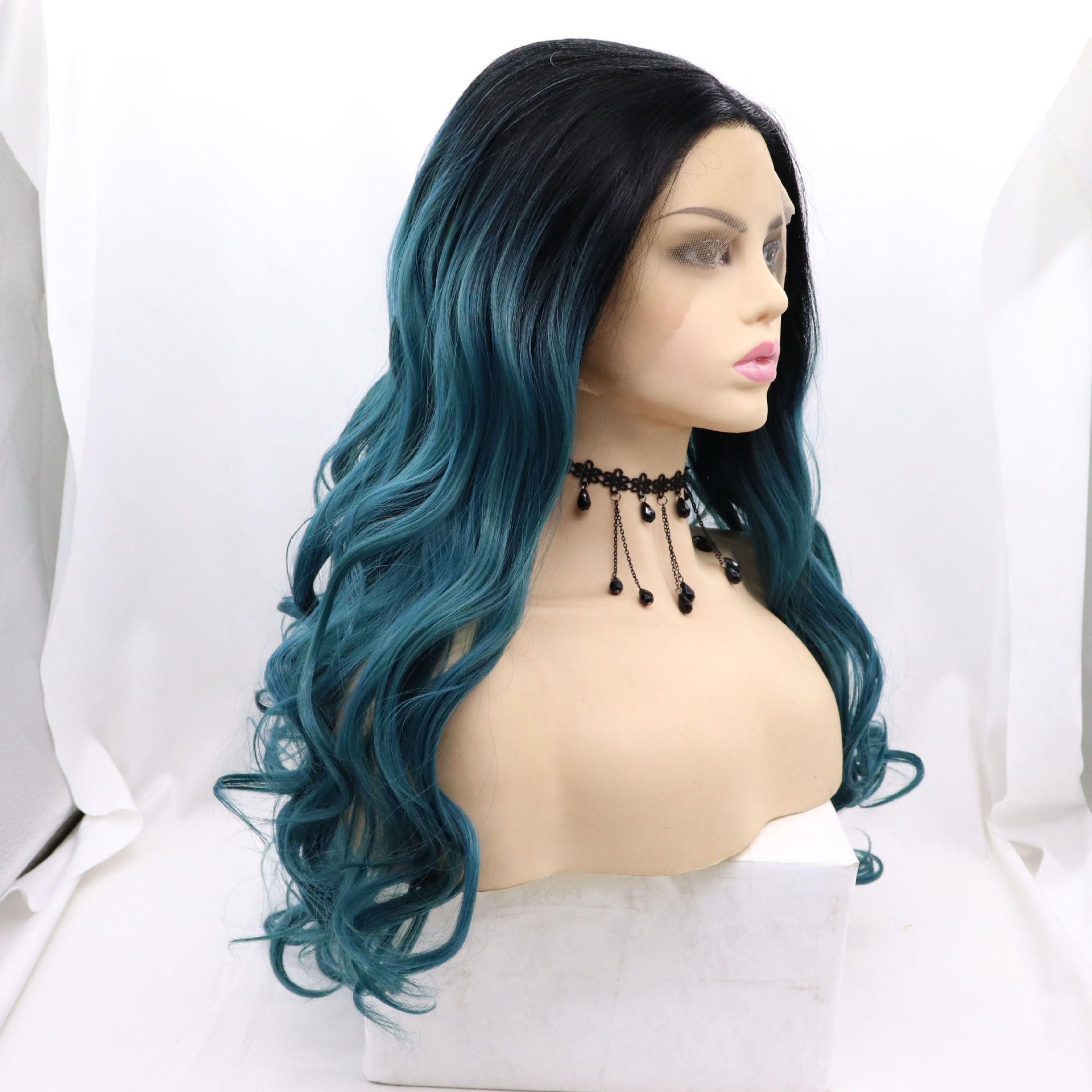 NUEVA LOOK frente encaje fibra química cubierta de cabello de alta temperatura seda 180 negro verde color T rizos largos