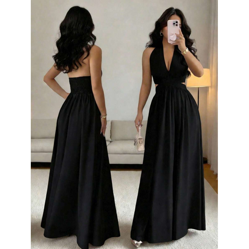 Cross-border Amazon European and American summer fashion elegant V-neck hollow-out design ruched sleeveless halter neck dress