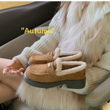 葡萄妈同款现货~增高4cm~ 懒人加绒方圆头编织一脚蹬毛毛乐福鞋