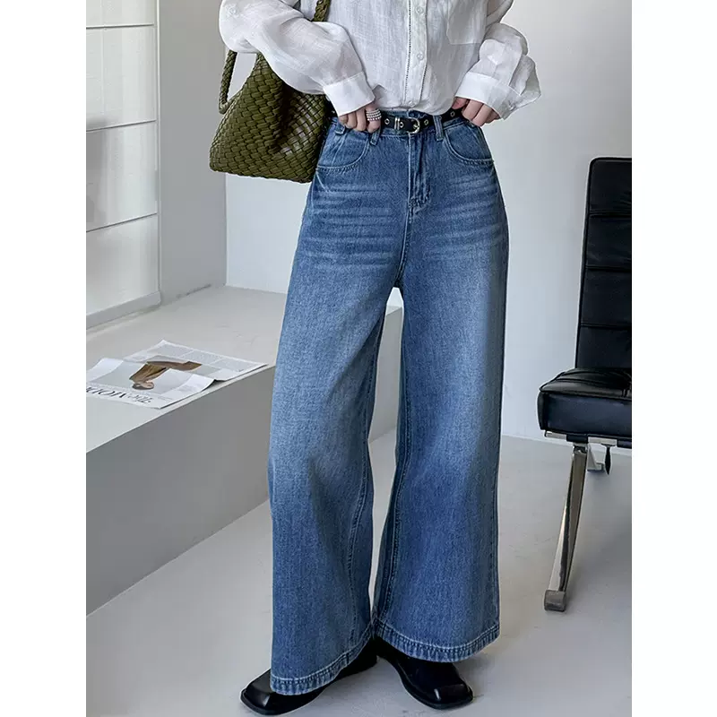 橘芷春季新款高腰显瘦直筒牛仔裤女韩版宽松百搭阔腿裤配腰带5609