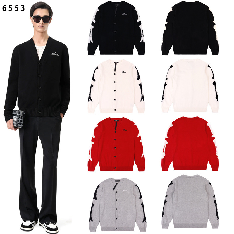 Amiri Men's Clothing Cross-Border Autumn and Winter Open-Lined Black Button Amiri Letter Bone Embroidered Knitted Ins Sweater for Men