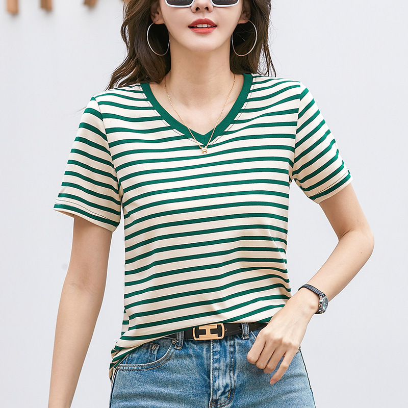 398 Women's V-Neck Stripesd Short-Sleeved T-Shirt 2025 Summer New Style Slimming Look Design Chic Contrasting Top