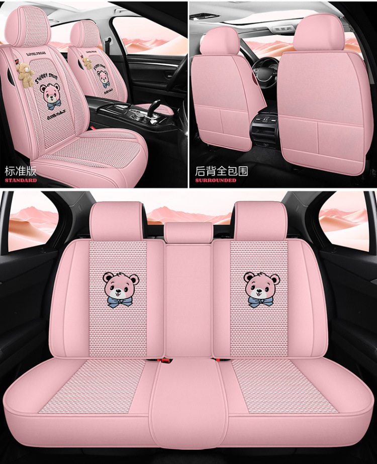New All-Season Universal Car Seat Cushion, Full-Coverage Seat Cover, Cartoon Cute Linen, High-Grade Goddess Breathable Cotton