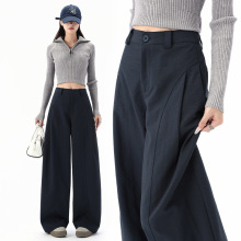 2025秋冬新款高腰显瘦女裤子贝斯裤松紧腰休闲裤侧压褶阔腿裤女TM