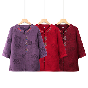 New Chinese-Style Grandma Summer Outfit, Traditional Chinese Shirt, New Model for Middle-Aged and Elderly Mothers, Summer Thin Three-Quarter Sleeve Tang Suit Top