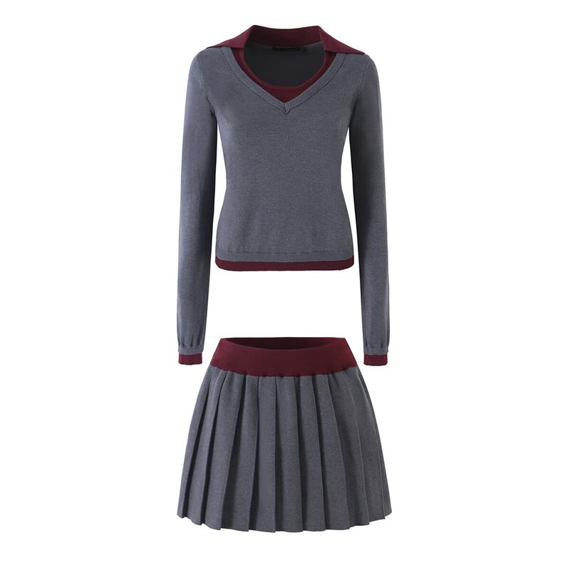 European and American style new color-blocked two-piece knit top with a mock two-piece design and a low-waist pleated skirt, women's two-piece set European and American style new color-blocked two-piece knit top with a mock two-piece design and a low-waist pleated skirt, women's two-piece set