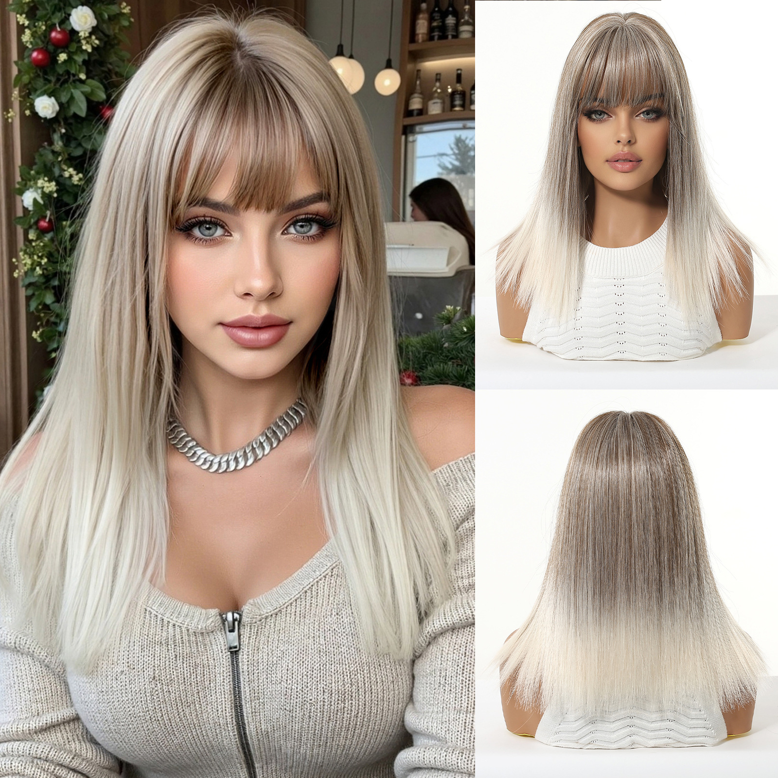 Comercio electrónico transfronterizo venta caliente de verano, peluca refrescante, cubierta de cabeza completa para mujer, pelo hasta los hombros, cubierta de cabeza completa de bobo de estilo europeo y americano