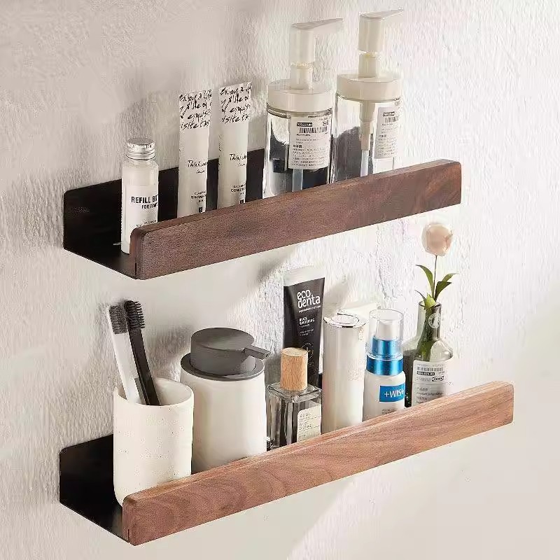 No-Drill Luxury Walnut Bathroom Storage Rack Wall-Mounted Shelf for Bathroom Sink