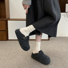 女性用の厚い底のグレーのウールのビルケンシュトックシューズ、ベルベットの暖かいハーフスリッパつま先付き