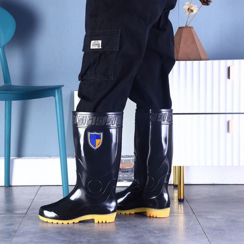 Autumn men's long tube round toe warm velvet rain boots high tube comfortable low heel plastic rain boots kitchen fishing water shoes for men