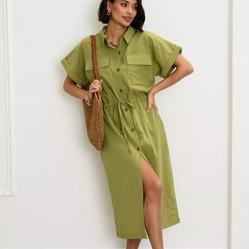 Платье рубашка Commuter Short-sleeved Tight Waist Drawstring dress Split Maxi Dress Платье рубашка Commuter Short-sleeved Tight Waist Drawstring dress Split Maxi Dress