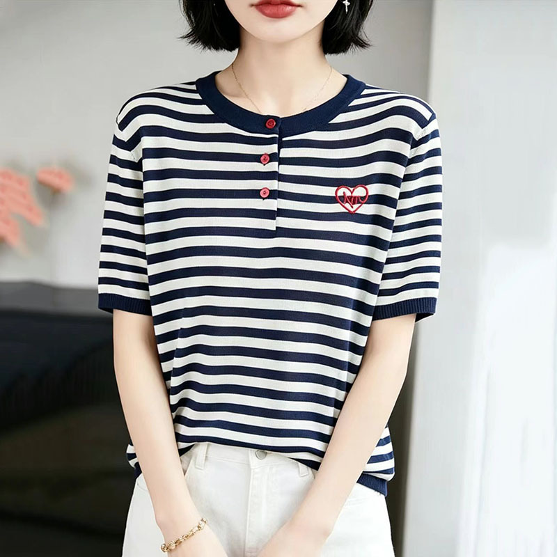 Summer New Style Women's Ice Silk Heart Embroidery Letter Stripe Short-Sleeve T-Shirt Fashion Versatile Casual Top Knitwear Summer New Style Women's Ice Silk Heart Embroidery Letter Stripe Short-Sleeve T-Shirt Fashion Versatile Casual Top Knitwear
