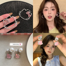 满钻kitty银色耳圈女款复古夸张耳钉耳饰可爱哈喽kt猫大耳环