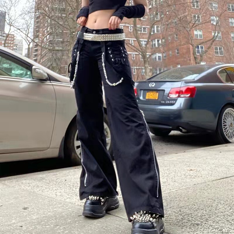 2023 European and American Style Trendy Street Personality New Long Pants with Zipper, Tie, Slit, Pocket, Black High-Waisted Wide-Leg Pants 2023 European and American Style Trendy Street Personality New Long Pants with Zipper, Tie, Slit, Pocket, Black High-Waisted Wide-Leg Pants