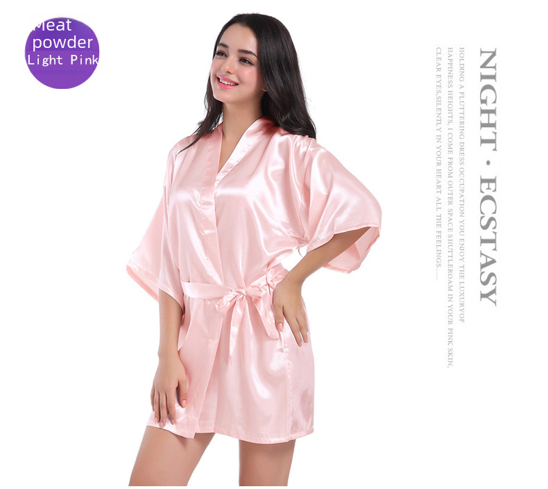 Cross-border Women's Twisted Sade Nightgown Bathrobe Solid Color Glossy Summer Thin Sexy Short Cardigan Gown_voghion.com