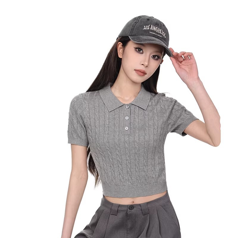 Vintage Cable-Knit Polo Short-Sleeve Knit Shirt for Women, Summer Short Tencel Thin Regular Shoulder T-Shirt, Slimming Casual Top