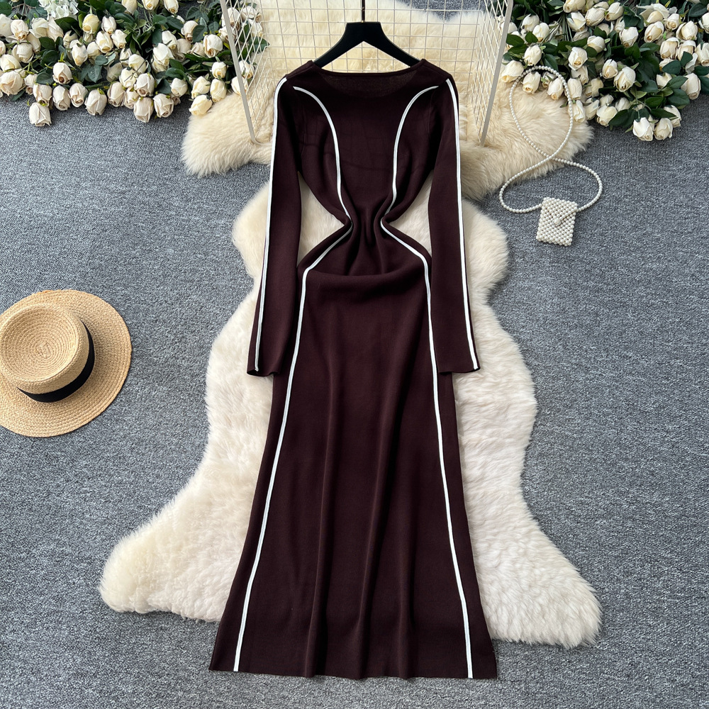 Women's Clothing High End Niche Fashion Women's Slim Long Sleeve Sweater Dress With Contrast Color Edge Stitching Waist Round Neck Style_ecoleips.com