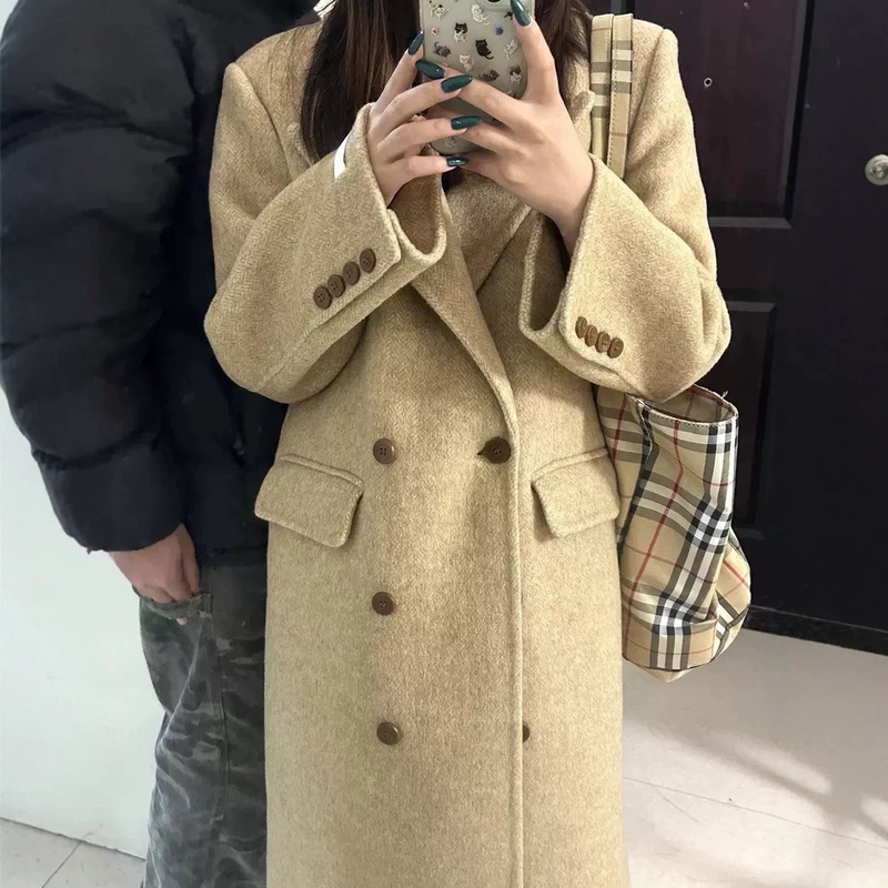 2026 High-End and Stylish Padded Shoulder Suit Long Herringbone Coat Autumn and Winter Double-Sided Wool Coat for Women