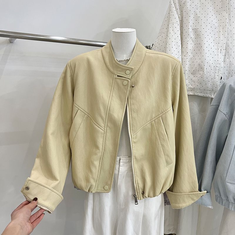 Stand Collar Short Leather Jacket for Women, 2025 Autumn and Winter New Korean Style Loose Zipper Jacket, Light Yellow Top