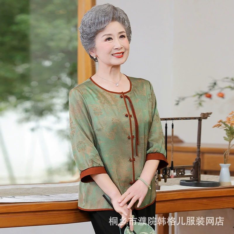 Пожилые летние платья бабушки рубашки с семью рукавами с круглым вырезом большого размера мама летняя рубашка старушка пожилая одежда