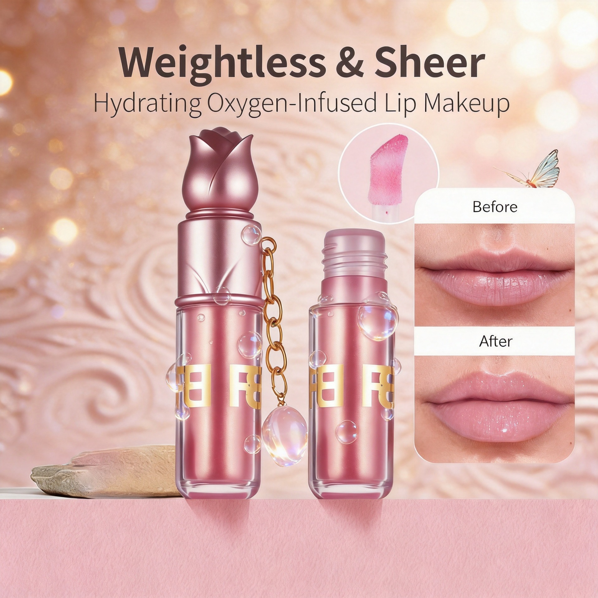 Rose Flower Lip Gloss, Moisturizing and Hydrating, Easy-To-Apply Mirror-Like Lip Gloss, Long-Lasting Lip Makeup