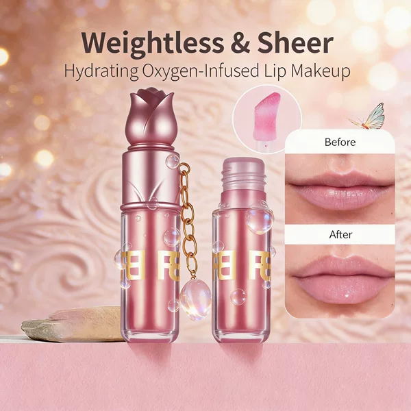 Rose Flower Lip Gloss, Moisturizing and Hydrating, Easy-To-Apply Mirror-Like Lip Gloss, Long-Lasting Lip Makeup