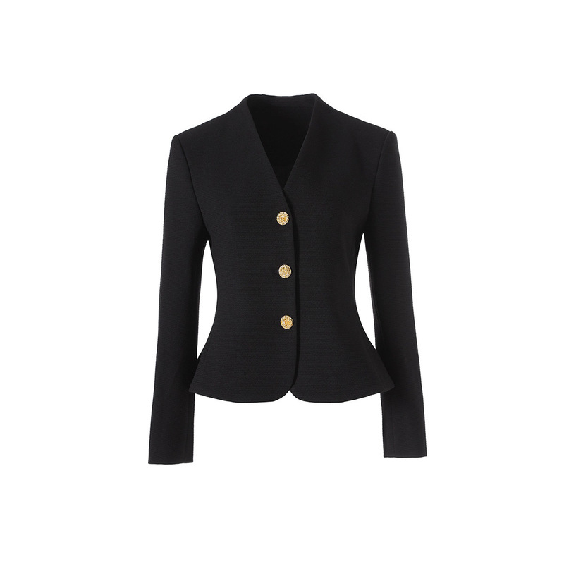 [Ready Stock, Quick Delivery] Black V-Neck Waist-Cinching Blazer for Women with Gold Buckle Design, Slim-Fit Short Chanel-Style Jacket
