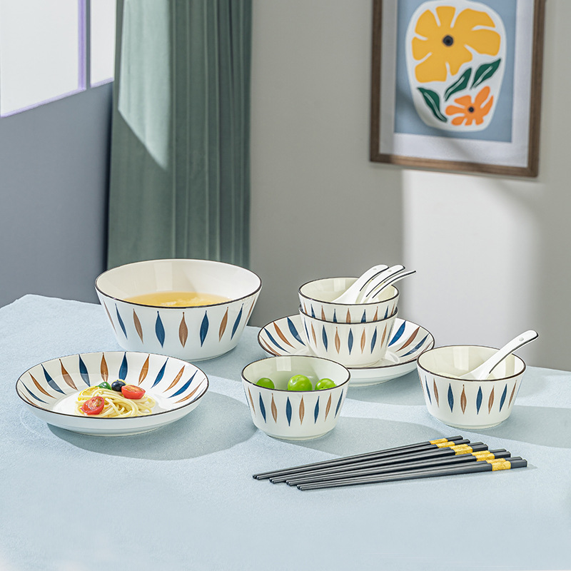Set of Household Tableware High-End Two-Color Daisies Simple Style General Purpose Ceramic Bowl Plate Tableware Set