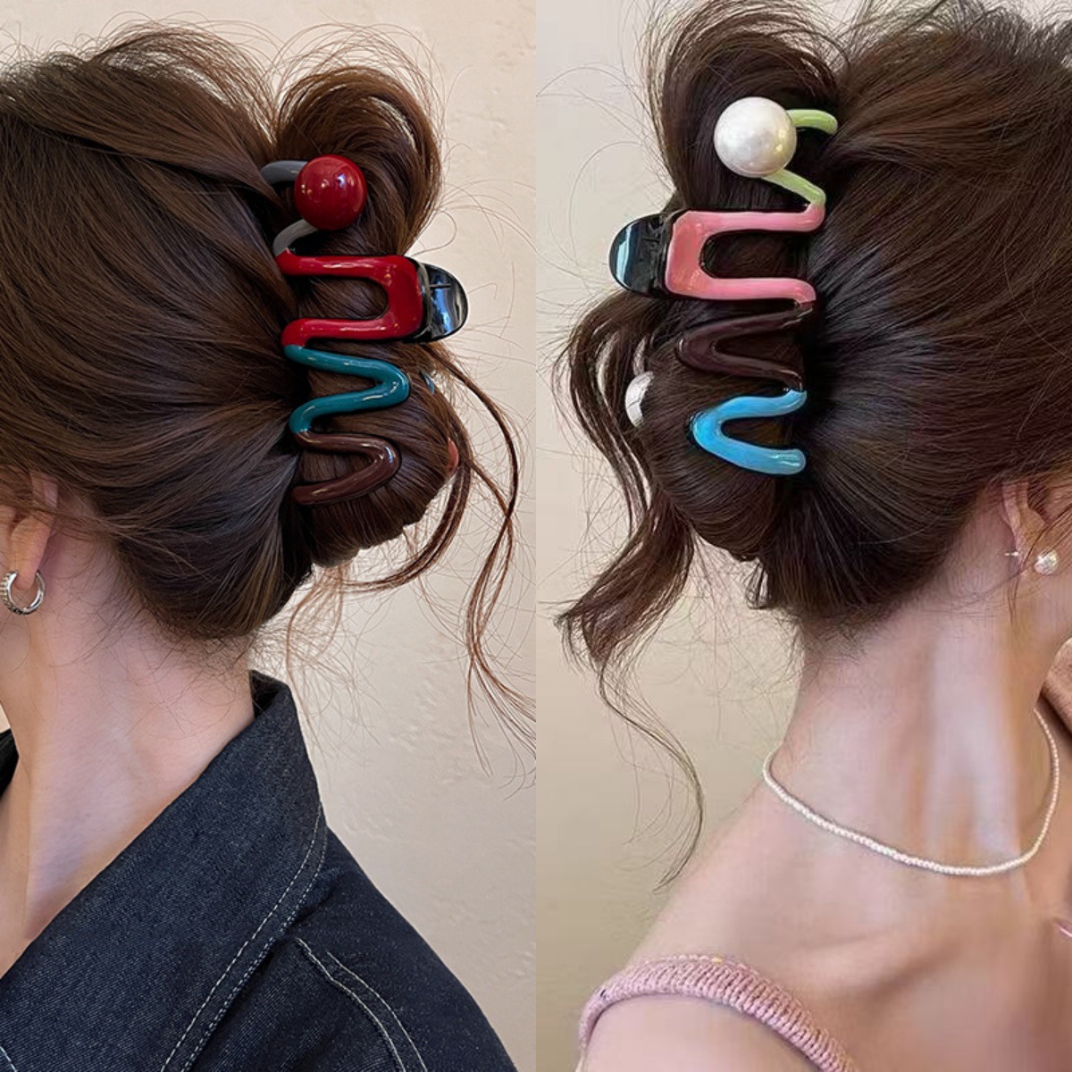 彩色波浪抓夹女2025新款发夹高级感后脑勺鲨鱼夹珍珠夹子头饰发饰