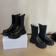 牛皮厚底烟筒靴女短靴秋冬新款圆头中跟松糕底女烟筒单靴女短靴子