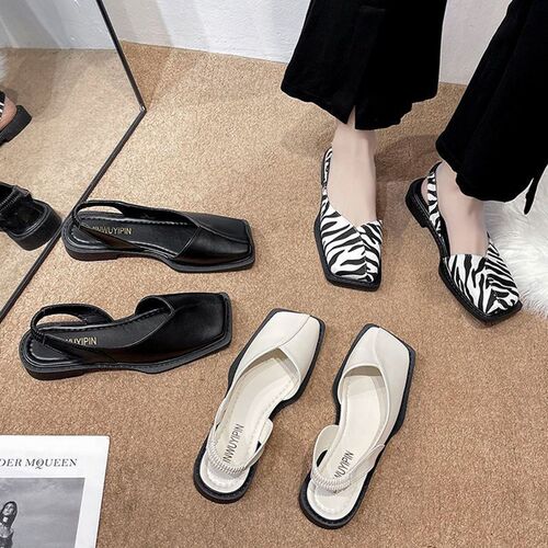 Square Head Zebra Print Half Slip-On Spring Single Shoe Flat Leather Surface One Strap Sandal Trendy Women
