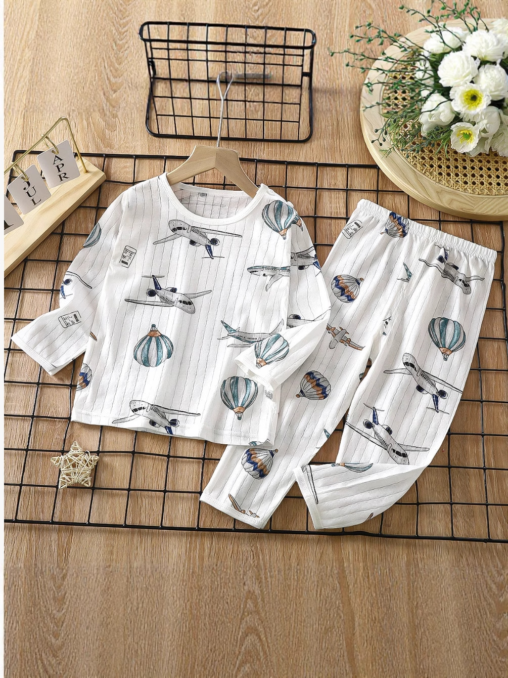 Ropa de aire acondicionado de algodón para niños y niñas pijamas de verano de manga larga sin hueso delgada algodón