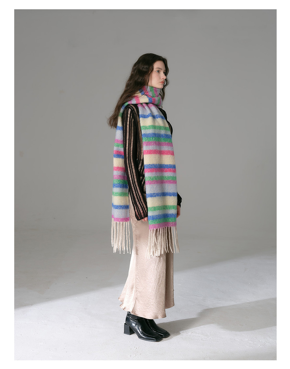 Bunter Gestreifter Fransenschal Für Damen Warmer Winterschal_voghion.com