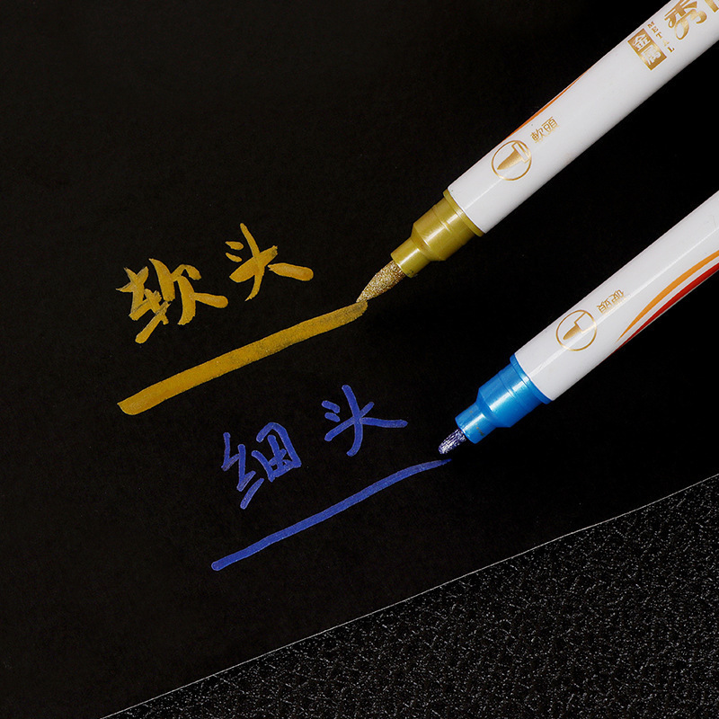 Dual-headed colorful stylish brush calligraphy practice pen, metal color art drawing pen, shiny handmade diary pen wholesale
