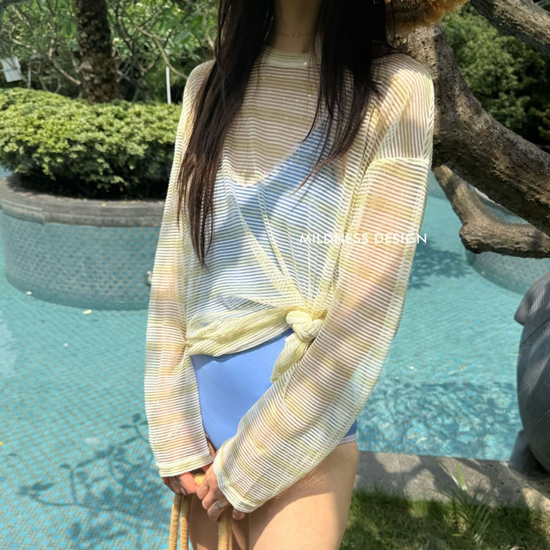 Summer New Bohemian Vacation Style Striped Casual Loose Slimming Cover-Up Women's Swimsuit Cover-Up Top T-Shirt Summer New Bohemian Vacation Style Striped Casual Loose Slimming Cover-Up Women's Swimsuit Cover-Up Top T-Shirt